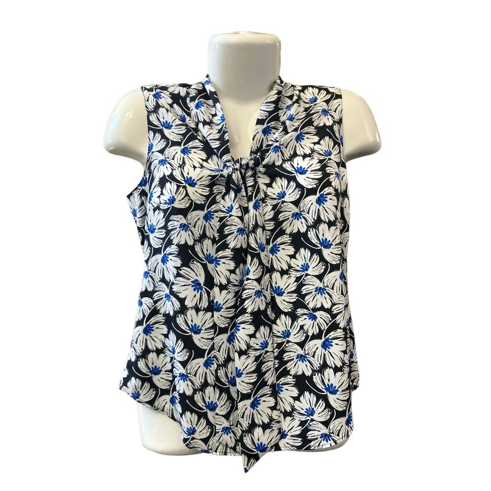 Ann Taylor Women's Multicolor Floral Sleeveless Tie Neck Blouse | Size XS